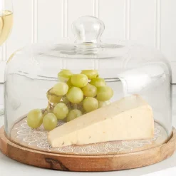 Acacia Wood Cake Stand with Glass Dome