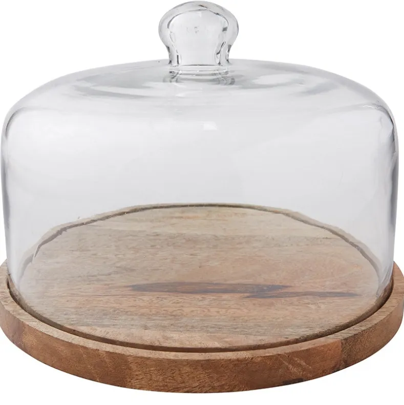 Acacia Wood Cake Stand with Glass Dome