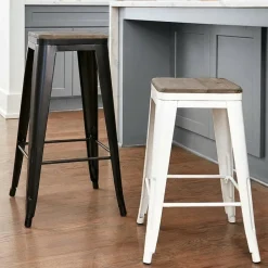 Backless Metal Barstool with Wood Square Seat - 24