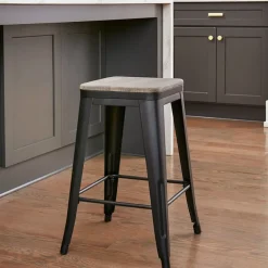 Backless Metal Barstool with Wood Square Seat - 24