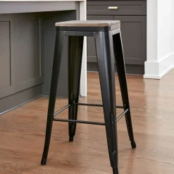Backless Metal Barstool with Wood Square Seat - 24