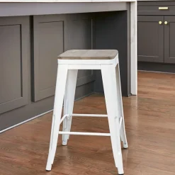 Backless Metal Barstool with Wood Square Seat - 24