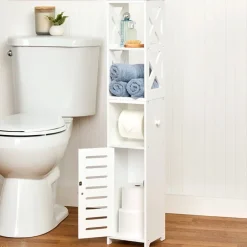 Bathroom Storage Unit with Toilet Paper Dispenser, 2 Shelves, and Cupboard