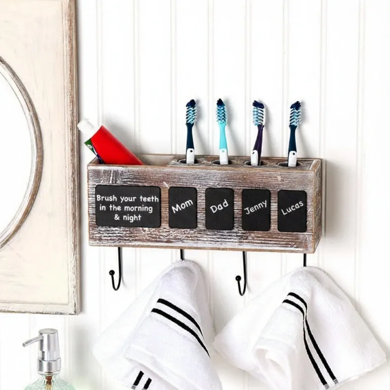 Bathroom Wooden Toothbrush Holder with Chalkboard Labels