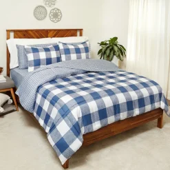 Blue Plaid Reversible Queen or King Complete Comforter Set