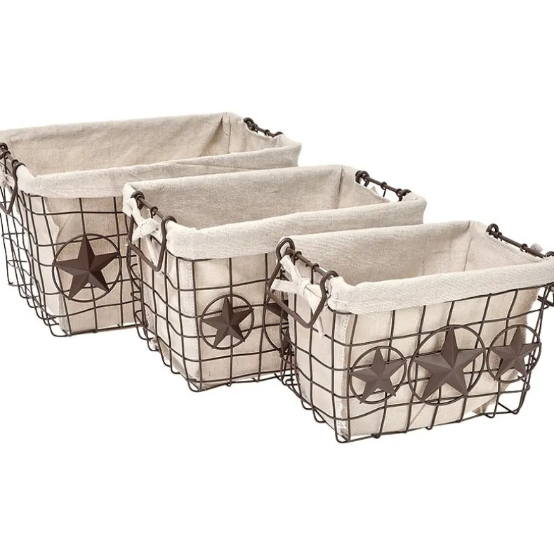 Brown Metal Storage Baskets with Star Accent and Polyester Lining Set of 3