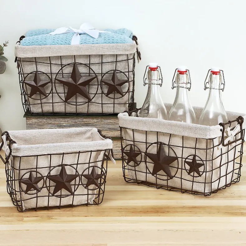 Brown Metal Storage Baskets with Star Accent and Polyester Lining Set of 3