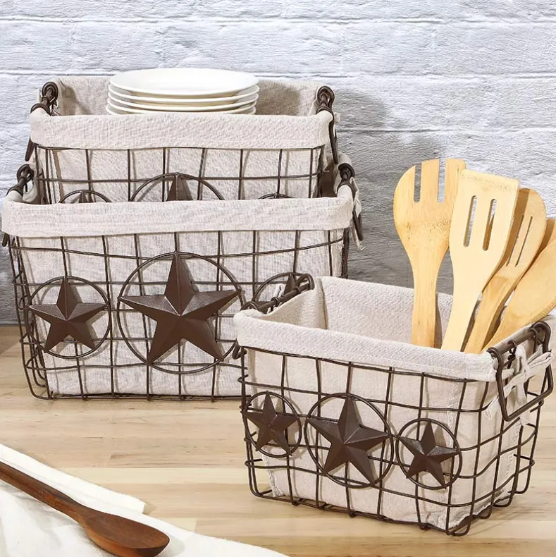 Brown Metal Storage Baskets with Star Accent and Polyester Lining Set of 3