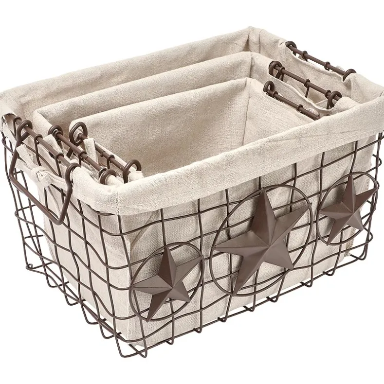 Brown Metal Storage Baskets with Star Accent and Polyester Lining Set of 3