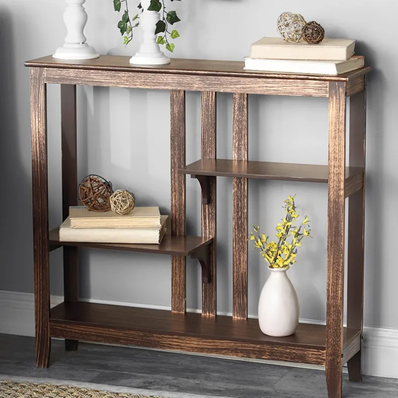 Brushed Metallic Console Table with Display Shelves 31.4"W x 29.8"H