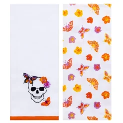 Butterfly and Skeletons Embroidered Kitchen Towels, Set of 2