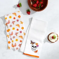 Butterfly and Skeletons Embroidered Kitchen Towels, Set of 2