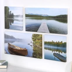 Canvas Wall Art 4 Piece Set Featuring Lake View With Boat And Dock