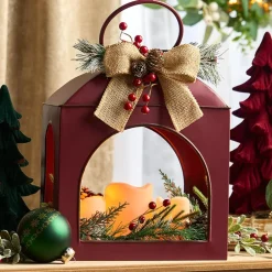 Christmas Country Red Lantern With LED Candle Trio