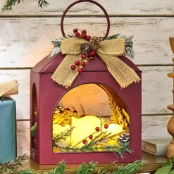 Christmas Country Red Lantern With LED Candle Trio