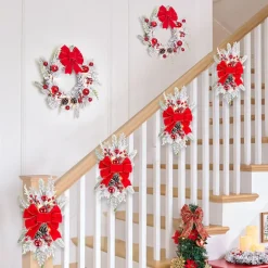 Christmas Frosted Pine With Red Bows Decor