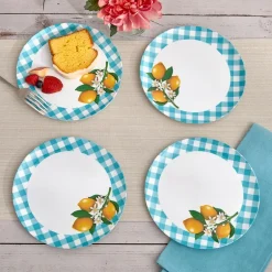 Citrus Chic Blue Plaid and Lemon Print Melamine Dessert Plates