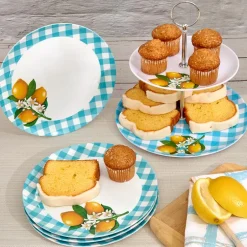 Citrus Chic Blue Plaid and Lemon Print Melamine Dessert Plates