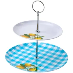 Citrus Chic Blue Plaid and Lemon Print 2-Tier Serving Tray