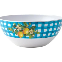 Citrus Chic Blue Plaid and Lemon Print Melamine Salad Bowl with Utensils