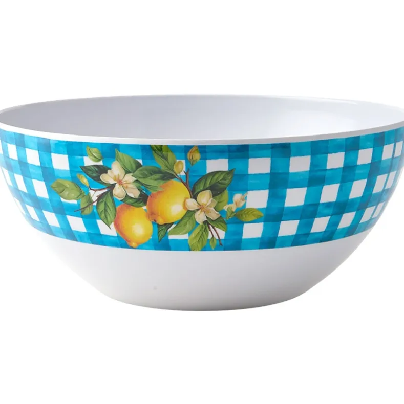 Citrus Chic Blue Plaid and Lemon Print Melamine Salad Bowl with Utensils