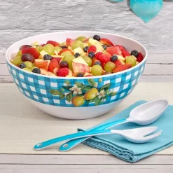 Citrus Chic Blue Plaid and Lemon Print Melamine Salad Bowl with Utensils