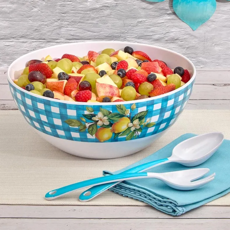 Citrus Chic Blue Plaid and Lemon Print Melamine Salad Bowl with Utensils