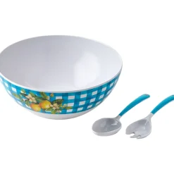 Citrus Chic Blue Plaid and Lemon Print Melamine Salad Bowl with Utensils