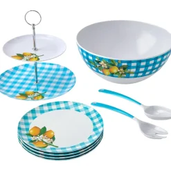 Citrus Chic Blue Plaid and Lemon Print Melamine Salad Bowl with Utensils