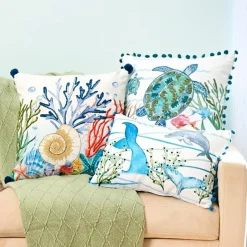 Coastal Themed Embroidered Decorative Pillow