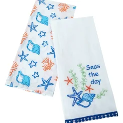 Coastal Themed Embroidered Kitchen Towels, Set of 2
