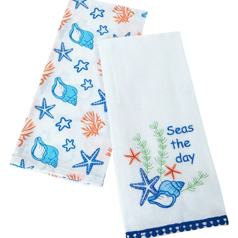 Coastal Themed Embroidered Kitchen Towels, Set of 2