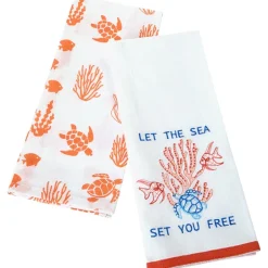 Coastal Themed Embroidered Kitchen Towels, Set of 2
