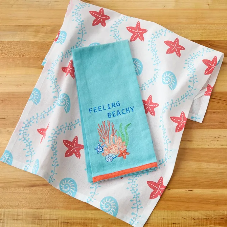 Coastal Themed Embroidered Kitchen Towels, Set of 2