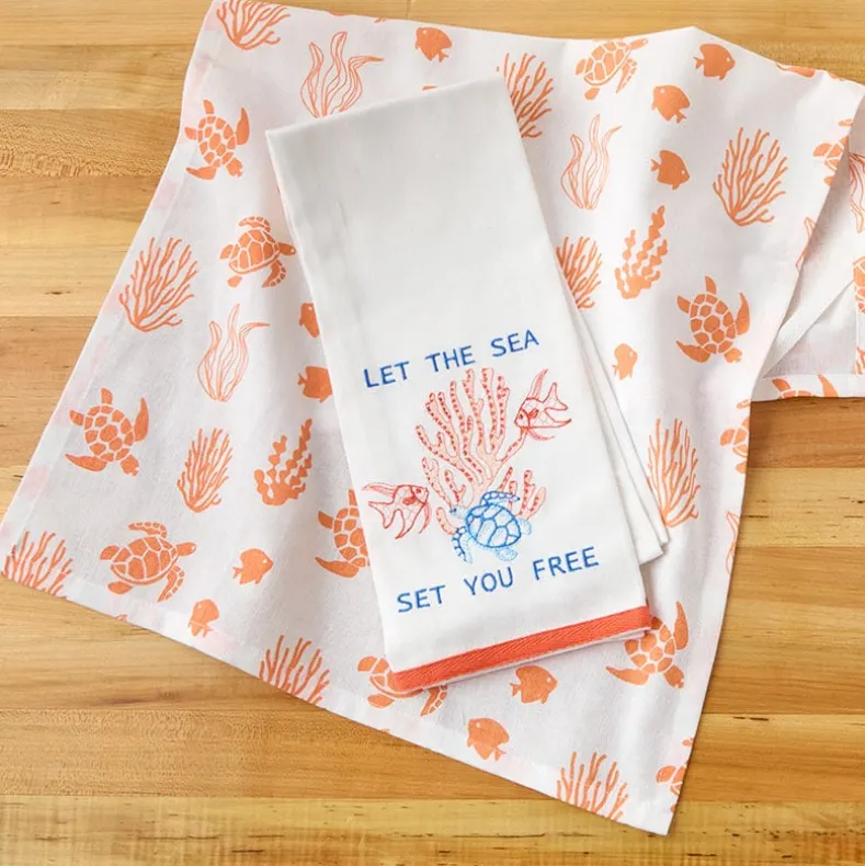 Coastal Themed Embroidered Kitchen Towels, Set of 2