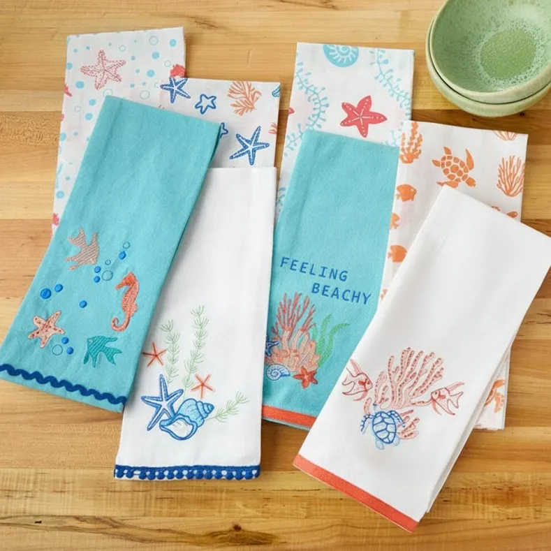Coastal Themed Embroidered Kitchen Towels, Set of 2