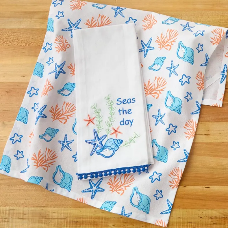 Coastal Themed Embroidered Kitchen Towels, Set of 2