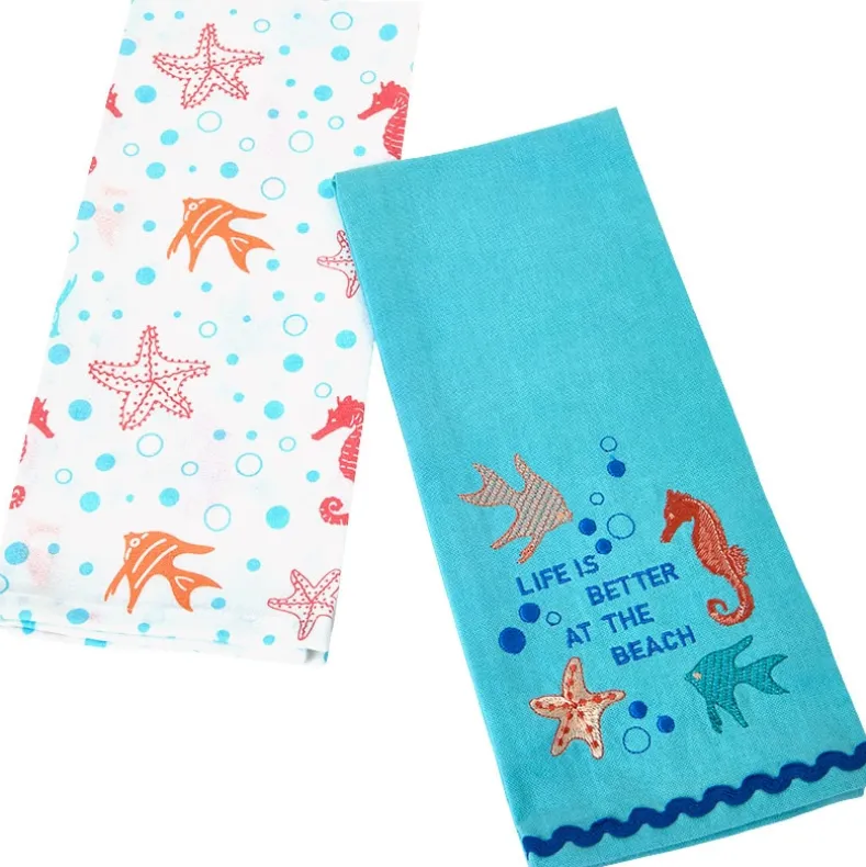 Coastal Themed Embroidered Kitchen Towels, Set of 2