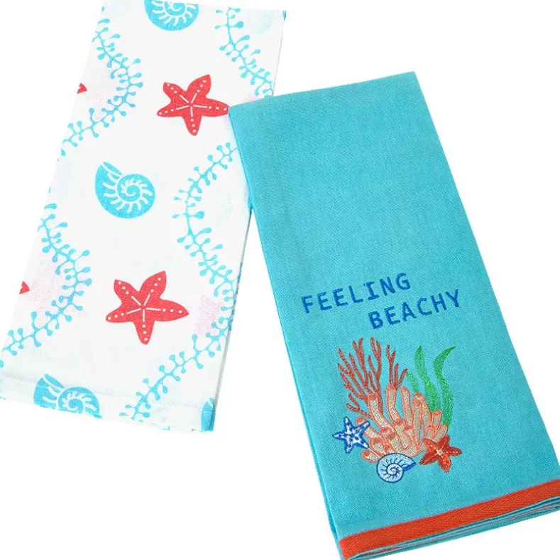 Coastal Themed Embroidered Kitchen Towels, Set of 2