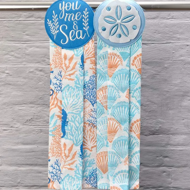Coastal Themed Kitchen Embroidered Tie Towels, Set of 2