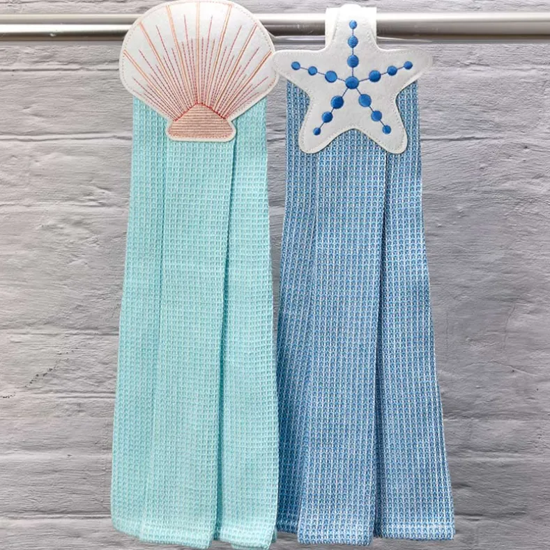 Coastal Themed Kitchen Embroidered Tie Towels, Set of 2