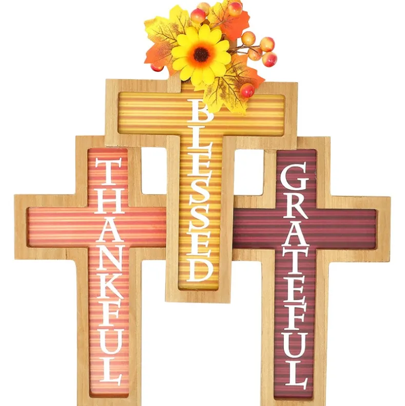 Cross Harvest Wall Decor With Sentiment Thankful Blessed And Grateful