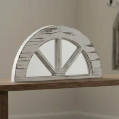 Distressed White Wood Windowpane Arch Mirror