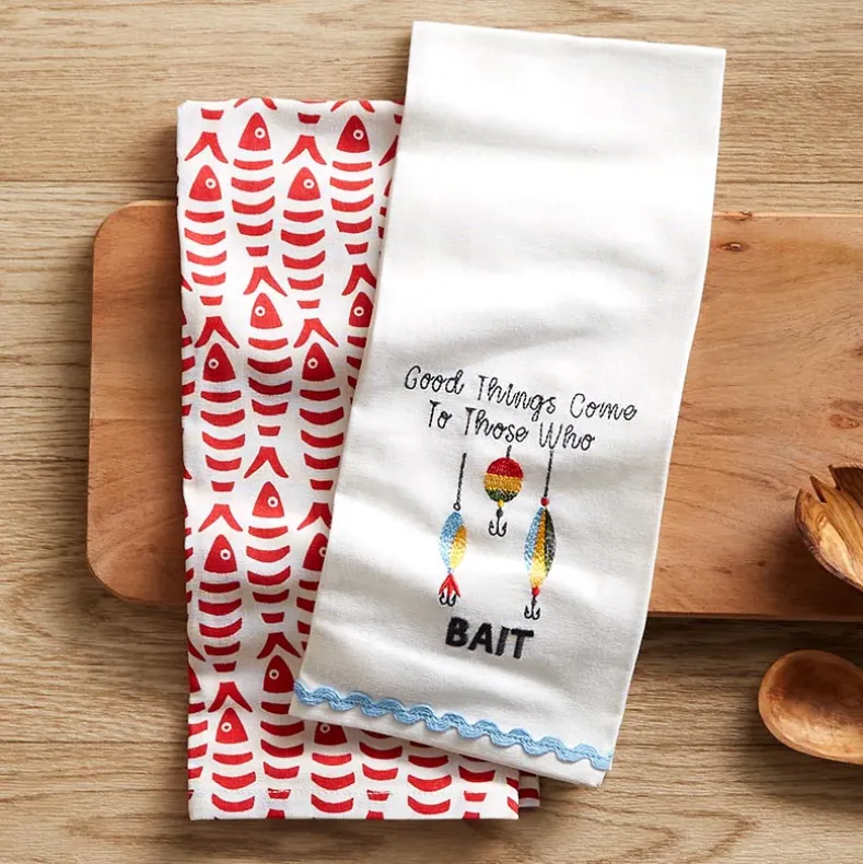 Embroidered Gone Fishing Kitchen Towels, Set of 2