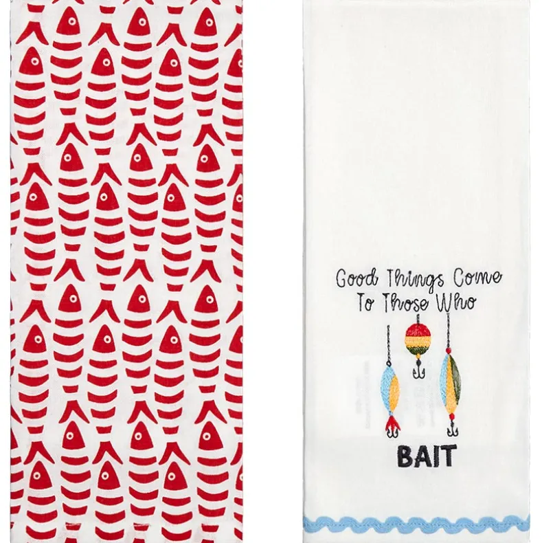 Embroidered Gone Fishing Kitchen Towels, Set of 2