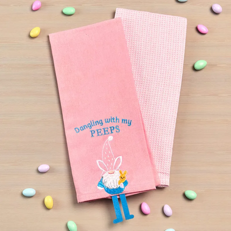 Embroidered Kitchen Towels Gnomes and Bunnies Set of 2