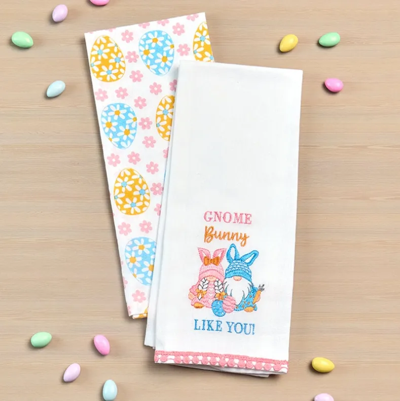 Embroidered Kitchen Towels Gnomes and Bunnies Set of 2