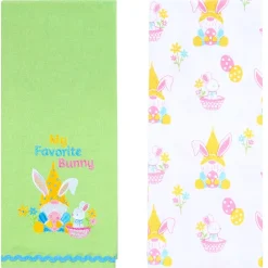 Embroidered Kitchen Towels Gnomes and Bunnies Set of 2