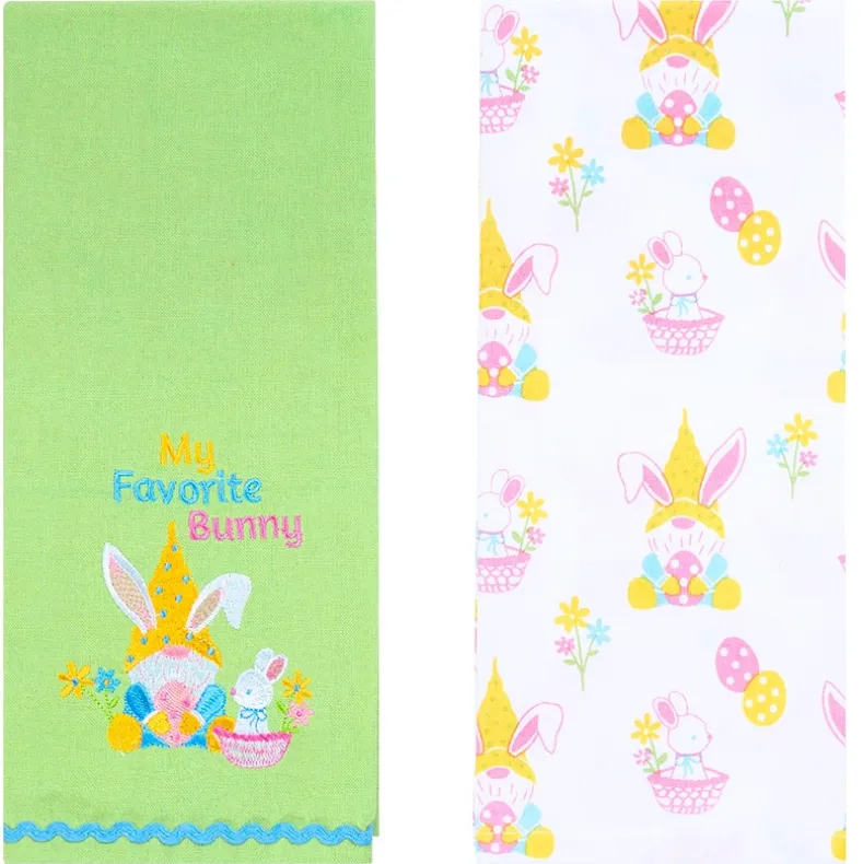 Embroidered Kitchen Towels Gnomes and Bunnies Set of 2