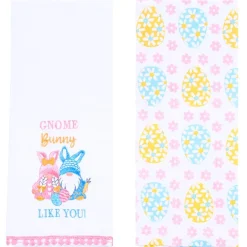 Embroidered Kitchen Towels Gnomes and Bunnies Set of 2